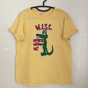 70s champion blue bar tee “dangerous when wet”